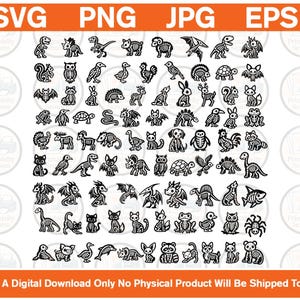 Könnte beinhalten: Eine digitale Sammlung von schwarz-weißen Skelettillustrationen mit verschiedenen Tieren, Dinosauriern und Fabelwesen in einem Raster. Das obere Banner zeigt SVG, PNG, JPG, EPS und unten steht, dass es sich um einen digitalen Download handelt.