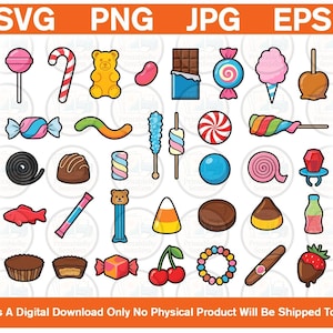 May include: A digital collection of colorful candy illustrations including lollipops, chocolate bars, gummy bears, jelly beans, candy corn, cotton candy, and various sweets. The image features text at the top reading SVG, PNG, JPG, EPS and at the bottom.