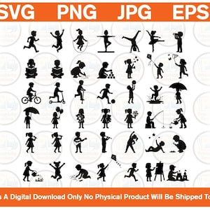 May include: A collection of black silhouettes depicting children engaged in various activities such as running, jumping, reading, playing sports, using umbrellas, and playing with toys, arranged in a grid format with file format text at the top.