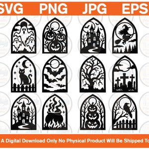 May include: A collection of twelve black silhouette designs arranged in a grid, each enclosed in a pointed arch frame. The graphics feature Halloween themes including ghosts, pumpkins, a haunted house, a witch on a broom, a cat, bats, a tree, a graveyard, a cauldron, and a raven.