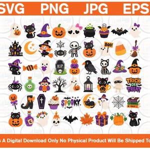 Peut inclure: Une collection numérique d'illustrations sur le thème d'Halloween comprenant des fantômes, des chats noirs, des citrouilles, des chapeaux de sorcière, des squelettes, des chauves-souris, des araignées, un manoir hanté, une pierre tombale, un chaudron, des bonbons et les textes "BOO", "SPOOKY" et "TRICK OR TREAT".