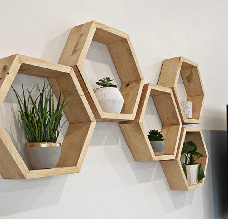 Finished Hexagon shelves with FREE center dividers Set of 3, 5 or 8 shelves Hexagon shelf, Honeycomb Shelf, Floating Shelf image 3