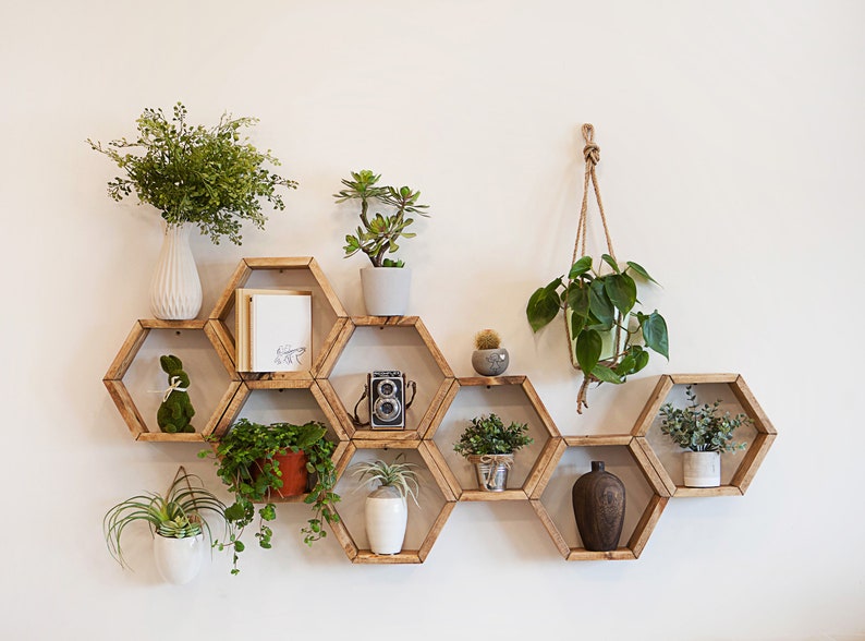 Finished Hexagon shelves with FREE center dividers Set of 3, 5 or 8 shelves Hexagon shelf, Honeycomb Shelf, Floating Shelf image 1