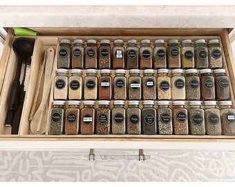 Custom drawer organizer for spices configured to fit your drawer, wood drawer organizer