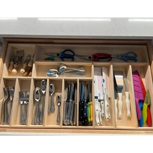 28 to 30 inch wide drawer insert, custom drawer organizer, wood drawer organizer, silverware drawer