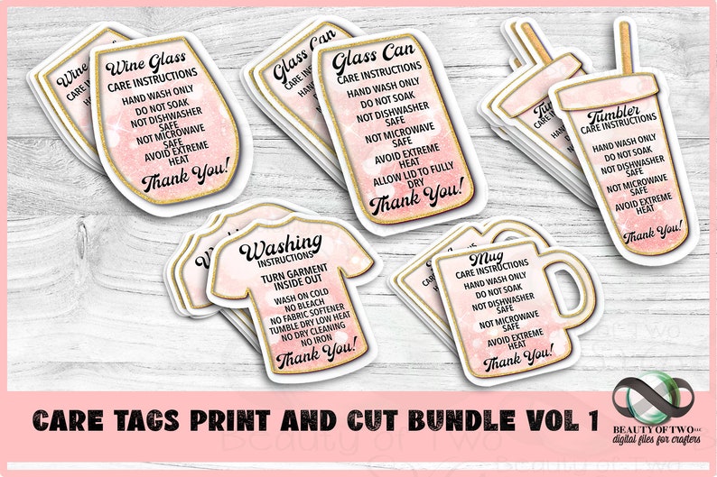 May include: A set of printable care tags for various items, including wine glasses, glass cans, mugs, tumblers, and clothing. The tags feature a pink and gold watercolor design with the care instructions printed in black text. The text on the tags includes "Hand Wash Only", "Do Not Soak", "Not Dishwasher Safe", "Not Microwave Safe", "Avoid Extreme Heat", and "Thank You!"