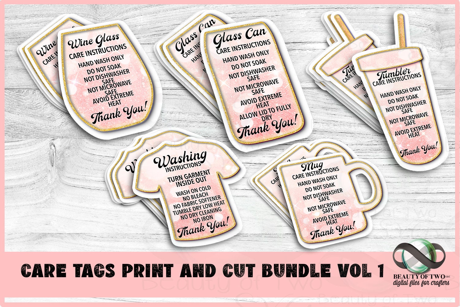 Care Tags Print and Cut Bundle Printable Care Tags for Small Business Glass Can, Tumbler, TShirt, Wine Glass and Mug Care Tags for Print