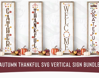 May include: A set of five vertical signs with autumnal themes. The signs feature the words "Gather", "Thankful", "Welcome", and "Grateful". The signs are decorated with pumpkins, leaves, and other autumnal elements.