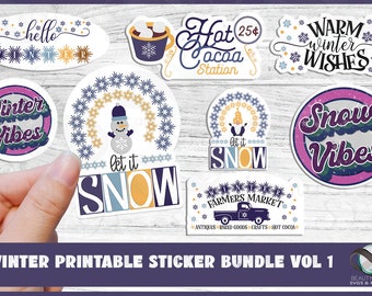 Retro Winter Sticker Bundle, Snowman PNG, Christmas Planner Decals (Digital Download)