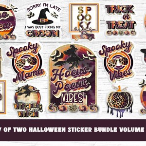 May include: A set of 12 Halloween themed stickers featuring various designs with a retro 70s aesthetic. The stickers include phrases like "Boo Crew", "Spooky Mama", "Hocus Pocus Vibes", "Witch in Training", and "Drink Up Witches".