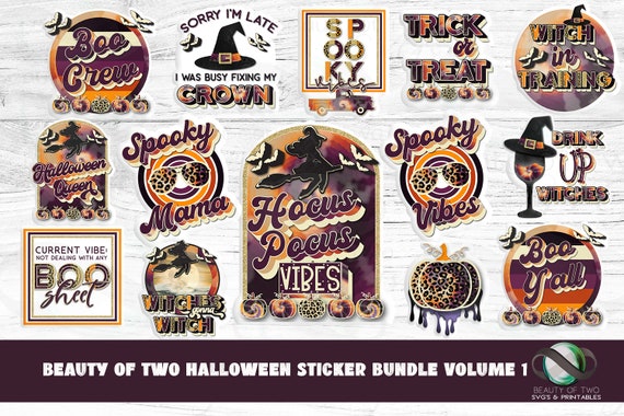Halloween Witch Sticker Designs Bundle (Print & Cut PNG, Instant Download)