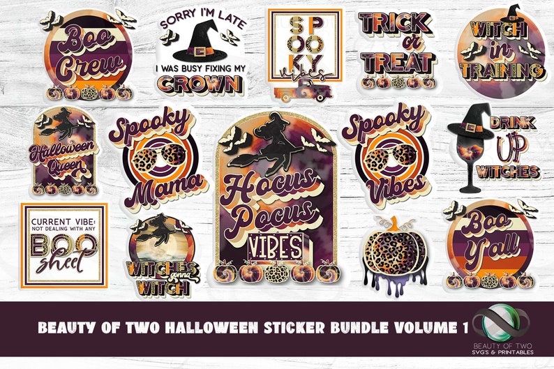 May include: A set of 12 Halloween themed stickers featuring various designs with a retro 70s aesthetic. The stickers include phrases like "Boo Crew", "Spooky Mama", "Hocus Pocus Vibes", "Witch in Training", and "Drink Up Witches".