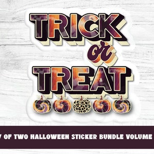 May include: A sticker with the text "Trick or Treat" in a retro style with a tie-dye effect. The sticker has a white background and is surrounded by five small pumpkins with different tie-dye patterns.