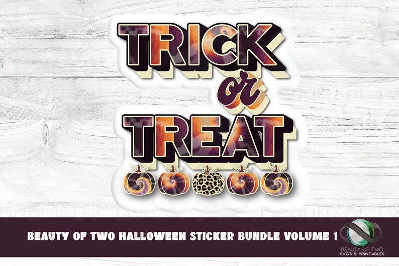 May include: A sticker with the text "Trick or Treat" in a retro style with a tie-dye effect. The sticker has a white background and is surrounded by five small pumpkins with different tie-dye patterns.