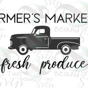 May include: Black and white silhouette of a vintage pickup truck with the text "FARMER'S MARKET" above and "fresh produce" below. The truck is surrounded by stylized leaves.