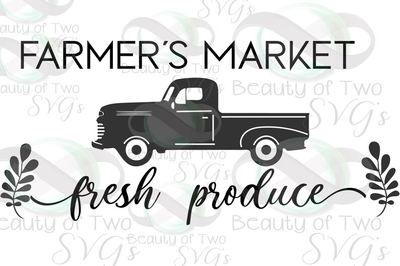May include: Black and white silhouette of a vintage pickup truck with the text "FARMER'S MARKET" above and "fresh produce" below. The truck is surrounded by stylized leaves.