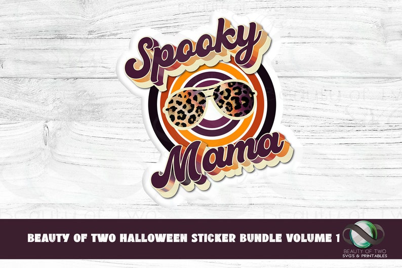 May include: A retro-style Halloween sticker with the text "Spooky Mama" in a colorful, layered font. The sticker features a pair of sunglasses with a leopard print design.