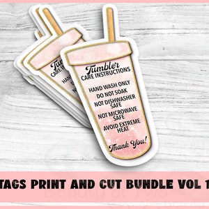 May include: Printable care tag for a tumbler with a pink and gold design. The tag features a tumbler silhouette with the text "Tumbler Care Instructions" and instructions for hand washing only, not soaking, not dishwasher safe, not microwave safe, and avoiding extreme heat. The tag also includes the text "Thank You!"