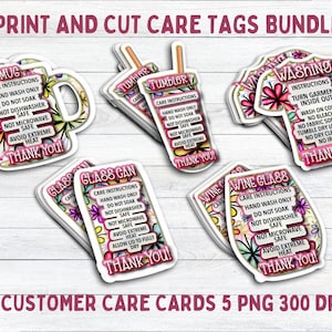 Tumbler Care Tags Print and Cut Bundle, Small Business Printable Care Tags for Small Business, 5 Tags for Handmade Items, Instant Download