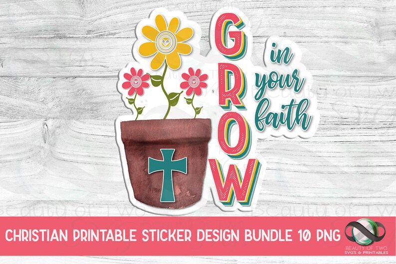 以下が含まれることがあります： 十字架と「Grow in your faith」という文字が書かれた植木鉢が描かれた、印刷可能なステッカーのデザインです。レトロなスタイルで、黄色の花、ピンクの花、緑色の十字架が描かれています。