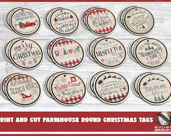 Farmhouse Christmas Gift Tags Bundle, Rustic Round PNG (Instant Download)
