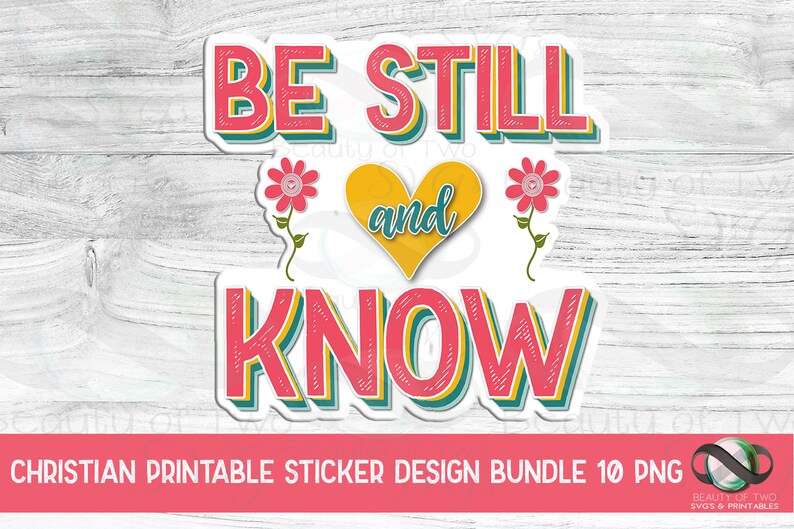 以下が含まれることがあります： レトロなスタイルで「Be Still and Know」という言葉を、黄色のハートとピンクの花で飾った、印刷可能なステッカーのデザインです。このデザインは、キリスト教の印刷可能なステッカーデザインバンドルの一部です。