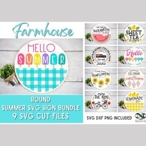 Été SVG, enseigne ronde de la ferme SVG et png Bundle 9 Bonjour l'été ferme plaque de porte Bundle enseigne de bienvenue de l'été ferme svg couper des fichiers