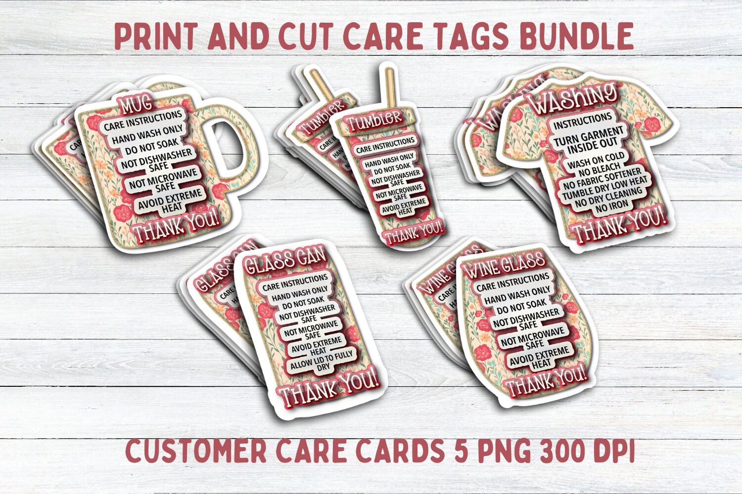 Tumbler Care Tags Print and Cut Bundle, Small Business Printable Care Tags for Small Business, 5 Tags for Handmade Items, Instant Download