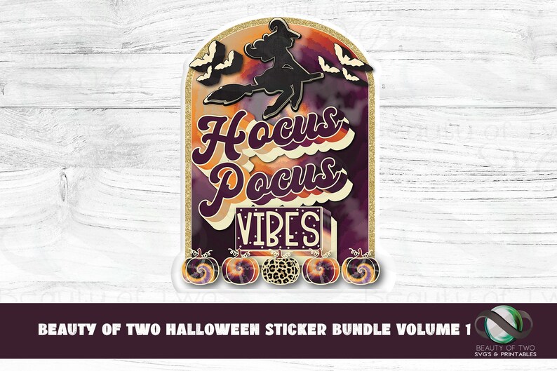 May include: A Halloween sticker featuring a witch flying on a broomstick with the text "Hocus Pocus Vibes" in a retro font. The sticker has a tie-dye background with orange, purple, and yellow colors. There are also small pumpkin stickers with a tie-dye design.