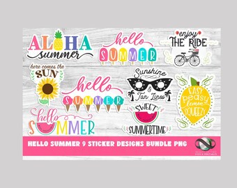 Printable Hello Summer Sticker Bundle 9 Print and Cut Summer Sticker Design pngs, Print and Cut Stickers Instant Download, Sticker Download
