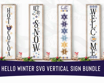 Hello Winter Vertical Sign Bundle svg cut file and png, 4 Winter vertical svg sign designs for cutting machines or print Instant Download