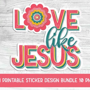 以下が含まれることがあります： レトロなスタイルで「LOVE like JESUS」というフレーズとピンクの花のグラフィックが特徴の印刷可能なステッカーデザイン。このデザインは、クラフトやプロジェクトに信仰とインスピレーションのタッチを加えるのに最適です。