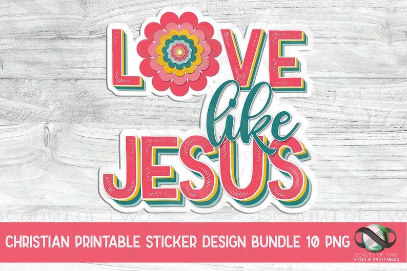 以下が含まれることがあります： レトロなスタイルで「LOVE like JESUS」というフレーズとピンクの花のグラフィックが特徴の印刷可能なステッカーデザイン。このデザインは、クラフトやプロジェクトに信仰とインスピレーションのタッチを加えるのに最適です。