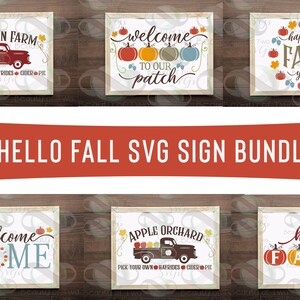 May include: A set of ten digital SVG files for fall-themed signs. The signs feature a red truck, pumpkins, and the words "Pumpkin Farm", "Welcome to Our Patch", "Happy Fall Y'all", "Welcome Home", "Apple Orchard", and "Hello Fall".