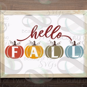 May include: A white background with the text "hello" in red cursive script above four pumpkins with the letters "FALL" in red, orange, green, and blue.