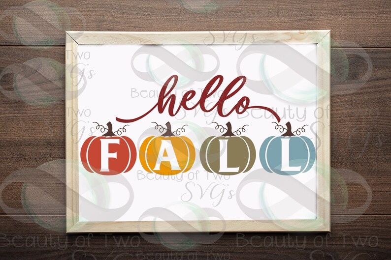 May include: A white background with the text "hello" in red cursive script above four pumpkins with the letters "FALL" in red, orange, green, and blue.