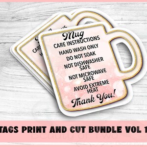 May include: A pink and gold mug care tag with the text "Mug Care Instructions: Hand Wash Only, Do Not Soak, Not Dishwasher Safe, Not Microwave Safe, Avoid Extreme Heat, Thank You!"