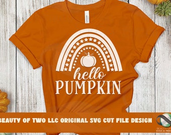 Hello Pumpkin svg cut file and png, Pumpkin Rainbow Fall leaves svg shirt design, Fall pumpkins svg for cutting or print Instant Download