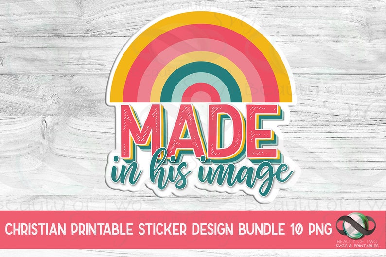 以下が含まれることがあります： レトロなフォントで「MADE in his image」というテキストが書かれた虹のステッカーデザイン。これは、印刷可能なキリスト教のステッカーデザインです。