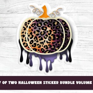May include: A sticker featuring a dripping leopard print pumpkin with a purple and black drip. The sticker is on a white wood background.  "BEAUTY OF TWO HALLOWEEN STICKER BUNDLE VOLUME 1" is written at the bottom of the image.
