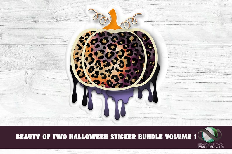 May include: A sticker featuring a dripping leopard print pumpkin with a purple and black drip. The sticker is on a white wood background.  "BEAUTY OF TWO HALLOWEEN STICKER BUNDLE VOLUME 1" is written at the bottom of the image.