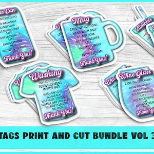 May include: A set of printable care tags for various items, including a glass can, mug, tumbler, wine glass, and a t-shirt. The tags feature a tie-dye design with purple and blue colors. The text on the tags includes care instructions and a "Thank You!" message.