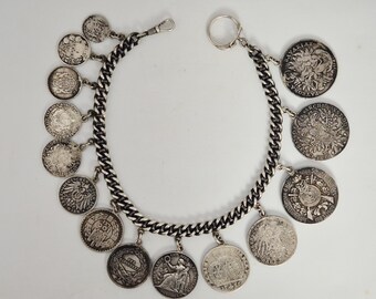 Antike Uhrenkette 835 Silber mit 14 Silbermünzen – Sautaler & Theresientaler 1780 – auch als Charivari tragbar – Schmuckrausch Vintage 1806