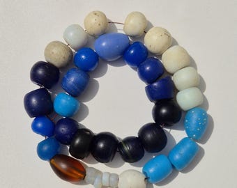 Antique Dogon Dutch Bead Strand · 58cm · Cobalt Blue Turquoise White + Rare Brown Pearl · Trade Beads Africa · Ethnic Glass Beads