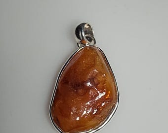 Baltic amber pendant, natural and untreated, cognac-colored, 925 sterling silver, raw finish, large bail, Schmuckrausch Vintage 0621