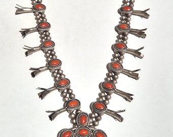 Vintage Squash Blossom necklace 1950, sterling silver tested, red coral, 209g, Navajo style, 66 cm, authentic & solid (1421)