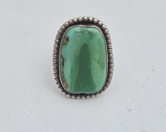 Silver ring 925 • Half Tibetan turquoise bead • Green tones • Ball edge • Handmade 1990 • Size 53 • Signed AF I 1566