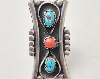 Navajo Ring USA • Turquoise & Coral • Handmade • Tested Silver • Size 47 • Ethnic Statement • 7.86g I 1617