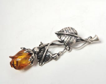 Amber Rose Brooch Art Nouveau Silver 835 circa 1900 Jewelry Rush Vintage 0150