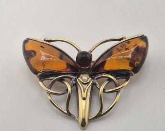 Art Nouveau butterfly brooch, 835 silver, amber, sunburst, vintage jewelry design 0087